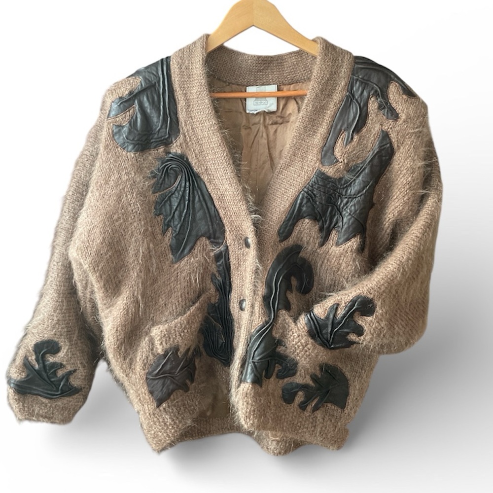 Vintage Mohair & Wool Leather Patchwork Cardigan Jacket Knit Sweater - Picture 3 of 15
